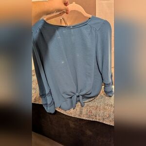 I.N. Studio petite blue/gray embroidered sleeve blouse with front‎ tie si…